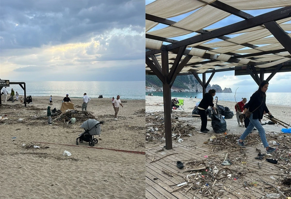 Alanya&rsquo;da Rus Turistlerden &Ouml;rnek Davranış: Sahilde &Ccedil;&ouml;p Topladılar