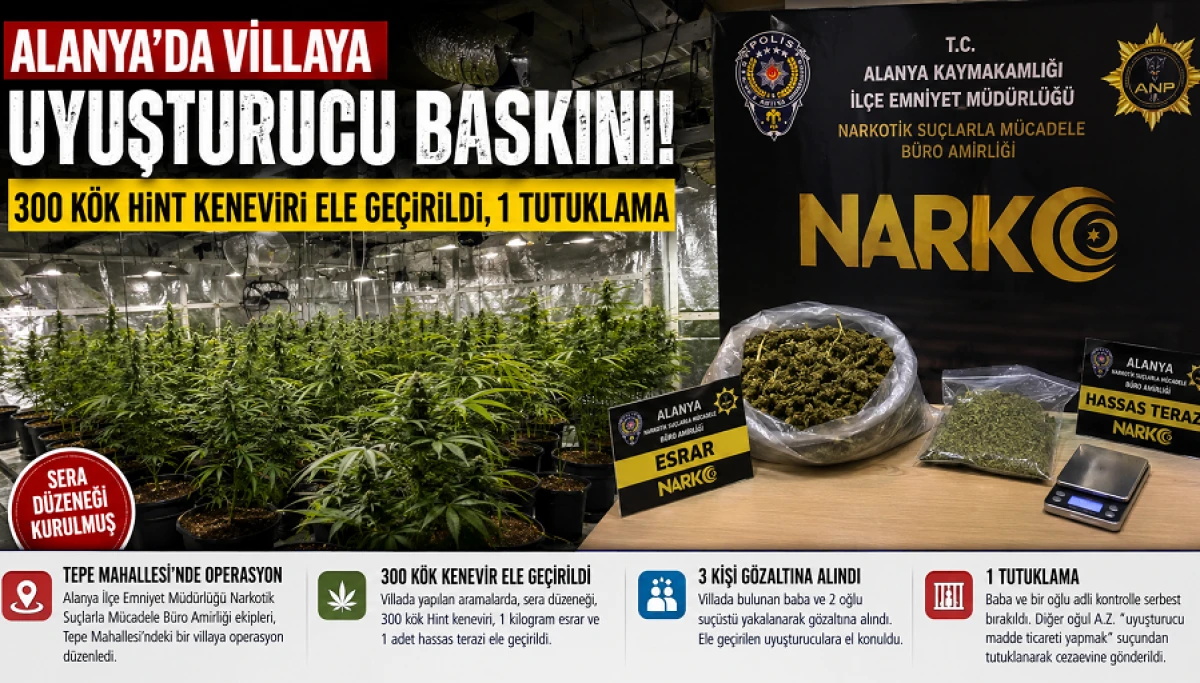 Alanya'da Villaya Uyuşturucu Baskını: 300 K&ouml;k Hint Keneviri Ele Ge&ccedil;irildi, 1 Tutuklama