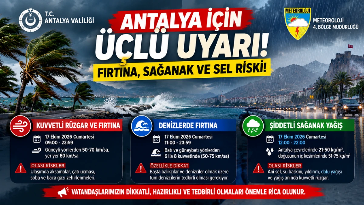 Antalya&rsquo;da &Uuml;&ccedil;l&uuml; Alarm: Fırtına, Sağanak ve Sel!